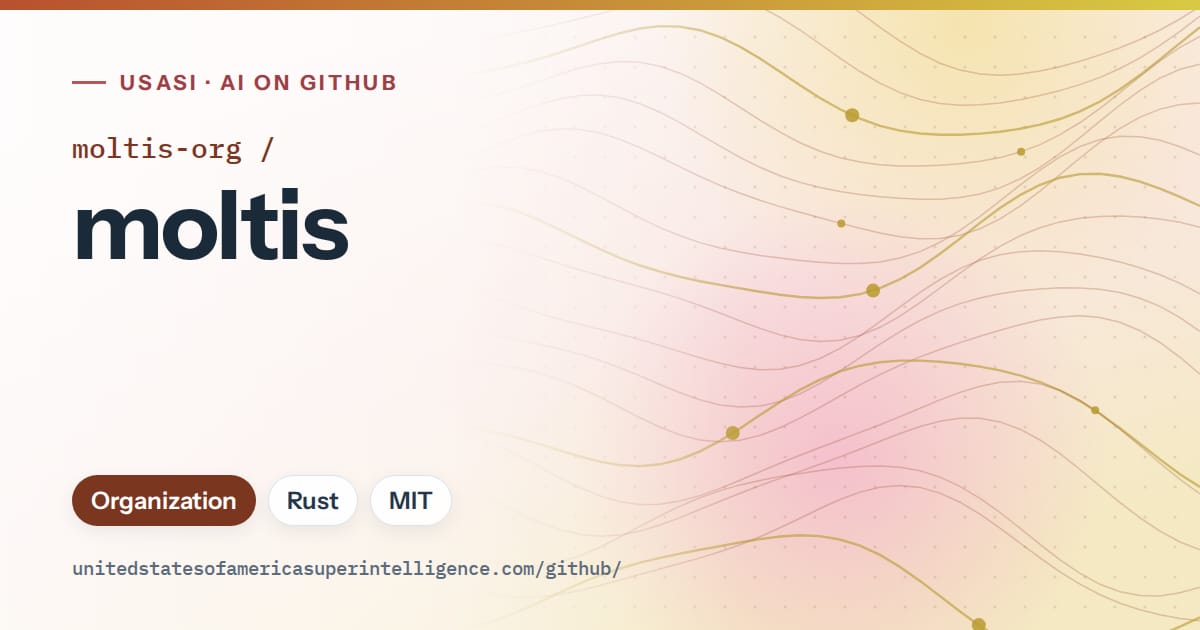 Generated orange flowing-wave artwork for moltis-org/moltis, labeled USASI · AI on GitHub, with Organization · Rust · MIT.