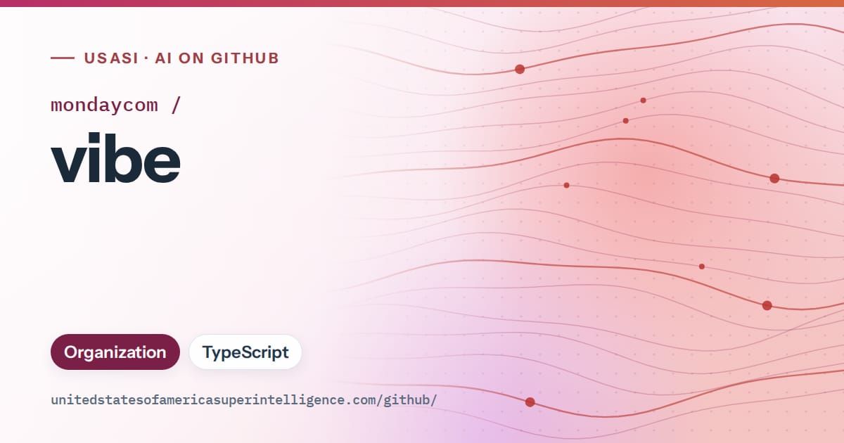 Generated pink flowing-wave artwork for mondaycom/vibe, labeled USASI · AI on GitHub, with Organization · TypeScript.