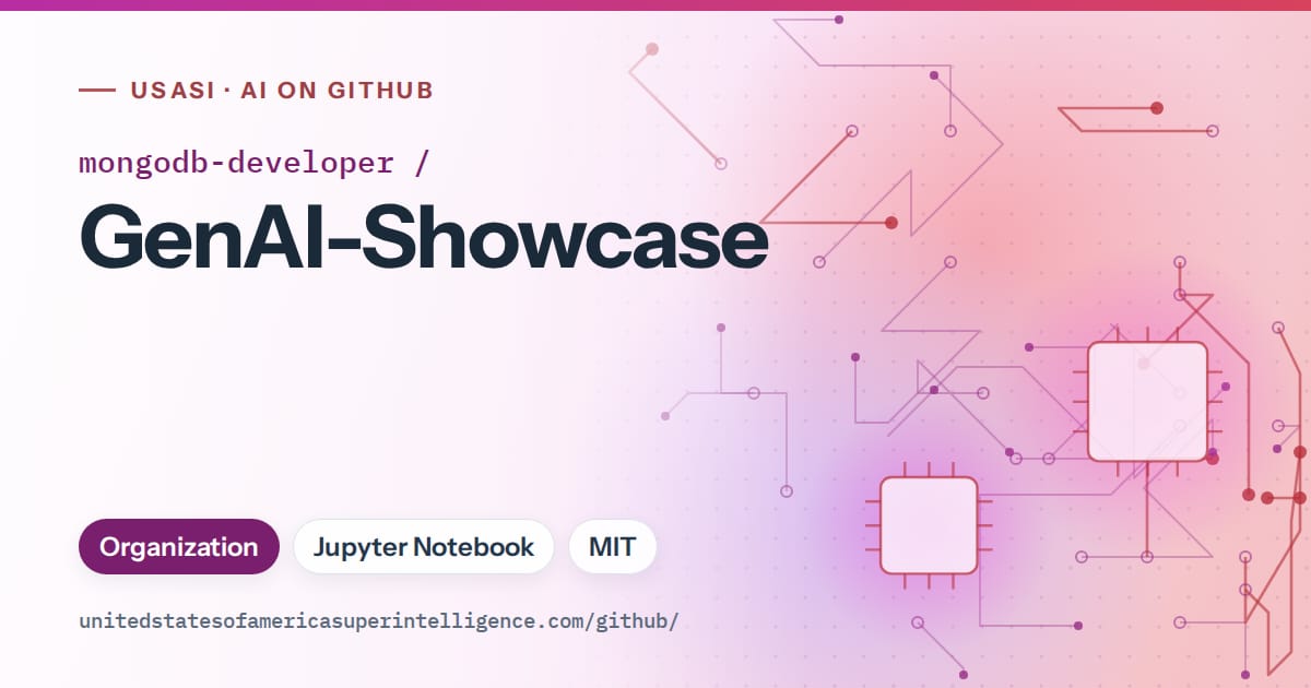 Generated purple circuit-trace artwork for mongodb-developer/GenAI-Showcase, labeled USASI · AI on GitHub, with Organization · Jupyter Notebook · MIT.
