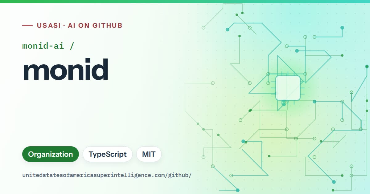 Generated green circuit-trace artwork for monid-ai/monid, labeled USASI · AI on GitHub, with Organization · TypeScript · MIT.
