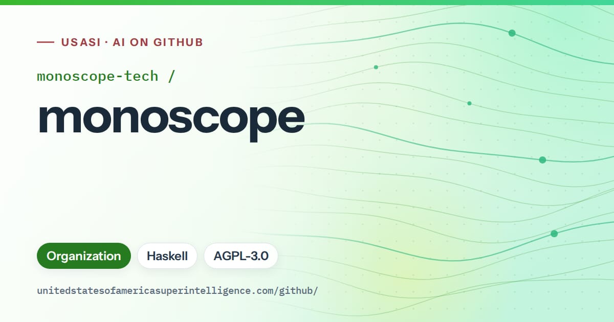 Generated green flowing-wave artwork for monoscope-tech/monoscope, labeled USASI · AI on GitHub, with Organization · Haskell · AGPL-3.0.