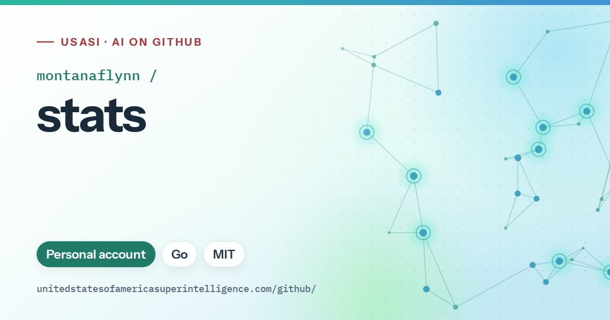 Generated teal constellation network artwork for montanaflynn/stats, labeled USASI · AI on GitHub, with Personal account · Go · MIT.