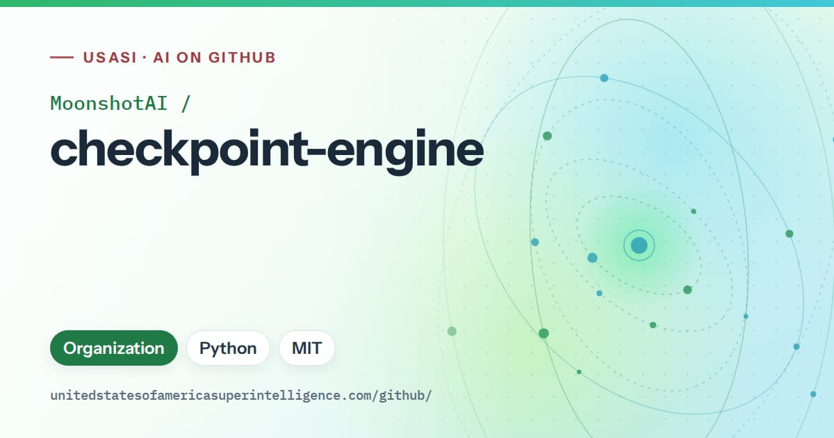 Generated green orbit artwork for MoonshotAI/checkpoint-engine, labeled USASI · AI on GitHub, with Organization · Python · MIT.