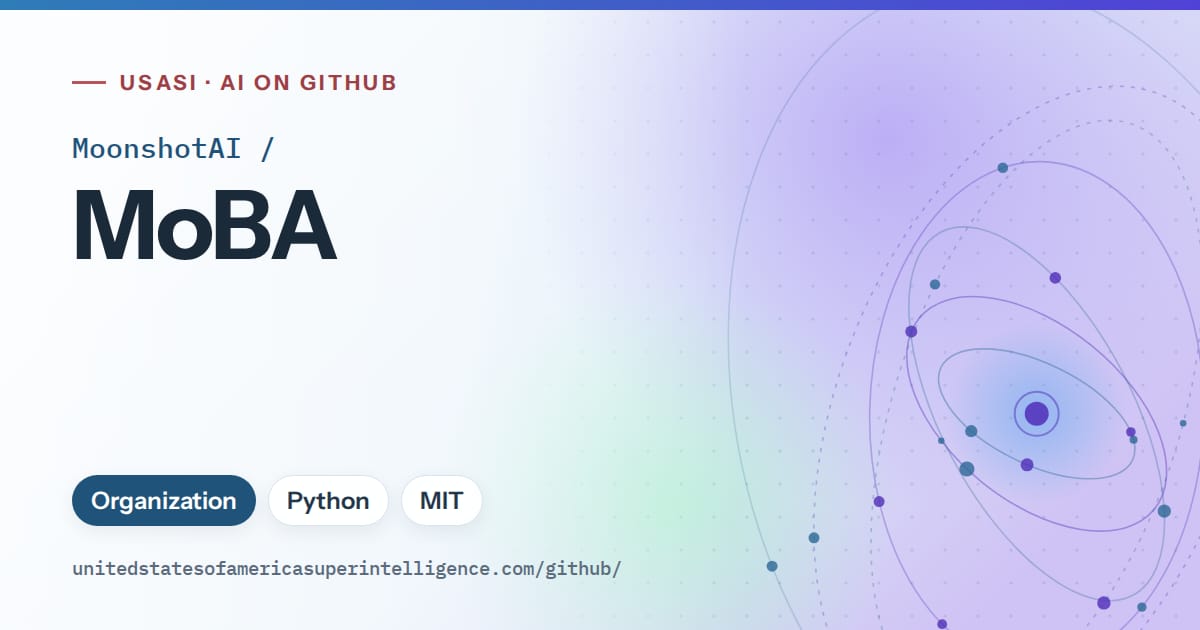 Generated sky blue orbit artwork for MoonshotAI/MoBA, labeled USASI · AI on GitHub, with Organization · Python · MIT.
