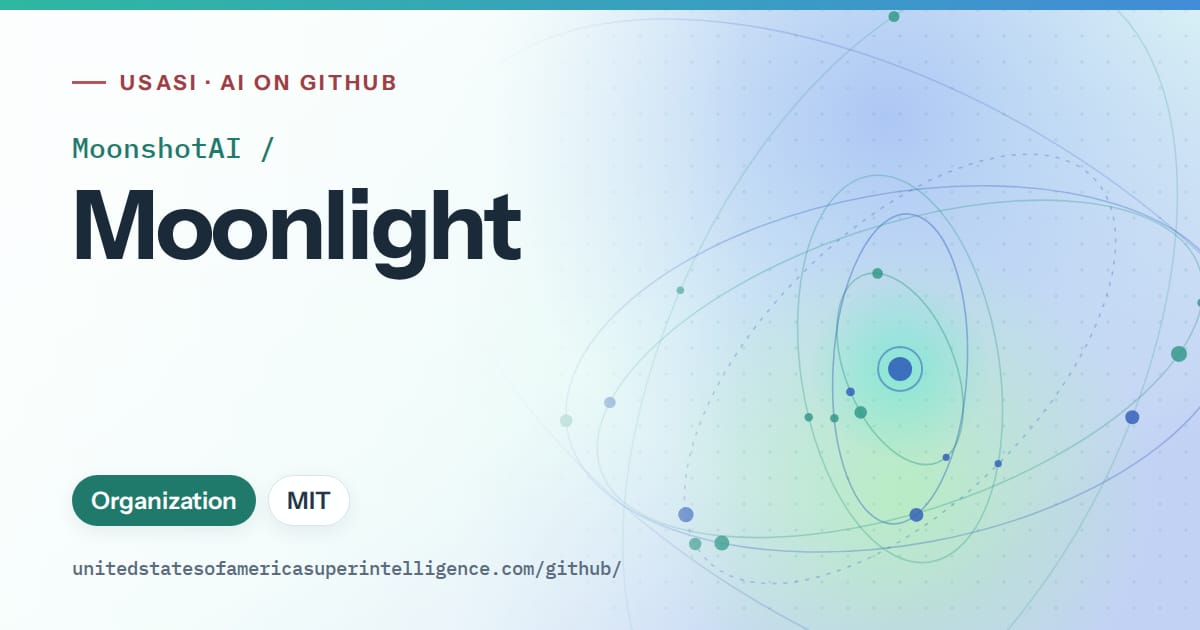Generated teal orbit artwork for MoonshotAI/Moonlight, labeled USASI · AI on GitHub, with Organization · MIT.