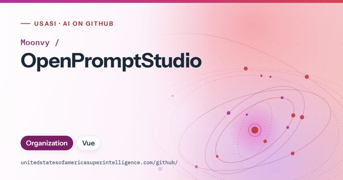 Generated purple orbit artwork for Moonvy/OpenPromptStudio, labeled USASI · AI on GitHub, with Organization · Vue.