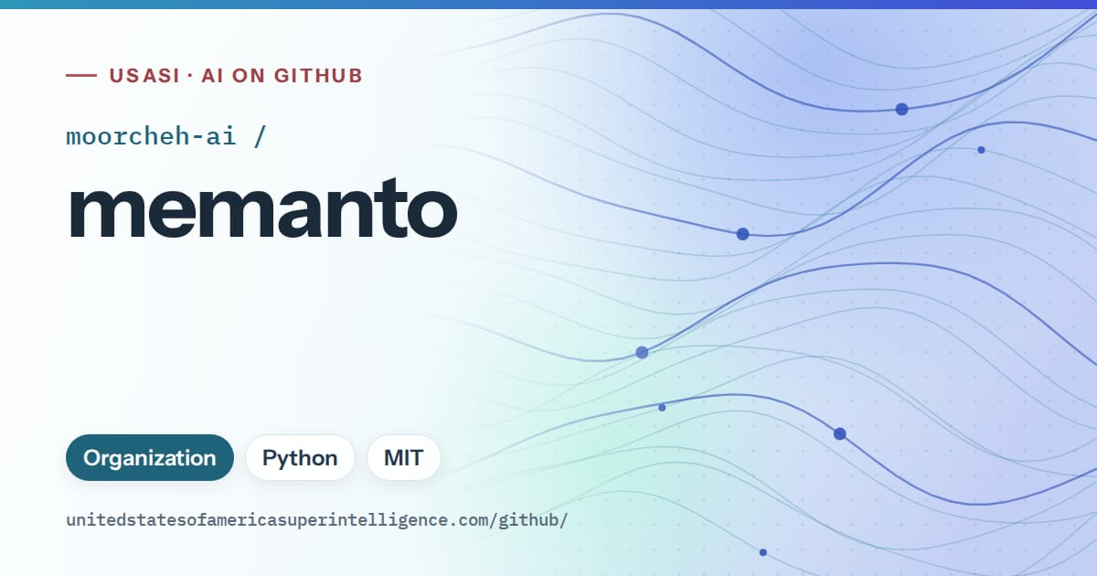 Generated sky blue flowing-wave artwork for moorcheh-ai/memanto, labeled USASI · AI on GitHub, with Organization · Python · MIT.