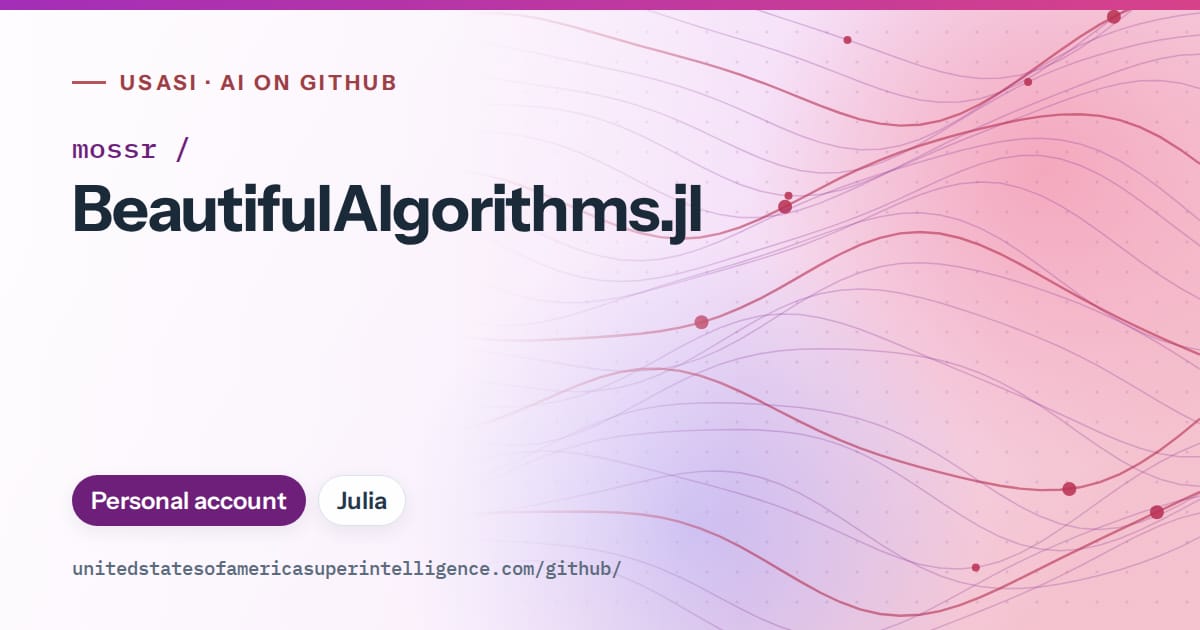Generated purple flowing-wave artwork for mossr/BeautifulAlgorithms.jl, labeled USASI · AI on GitHub, with Personal account · Julia.