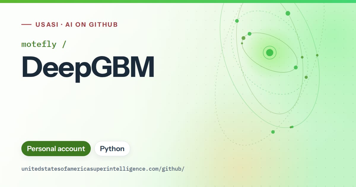 Generated green orbit artwork for motefly/DeepGBM, labeled USASI · AI on GitHub, with Personal account · Python.