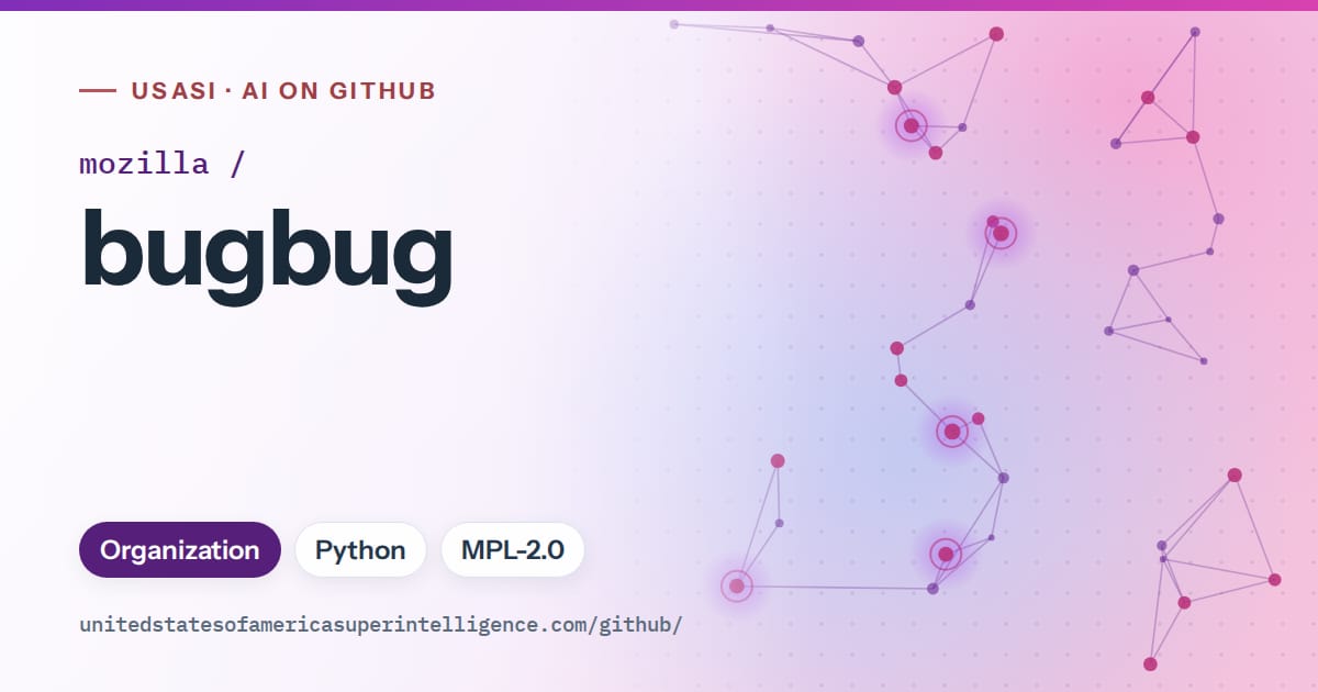 Generated violet constellation network artwork for mozilla/bugbug, labeled USASI · AI on GitHub, with Organization · Python · MPL-2.0.