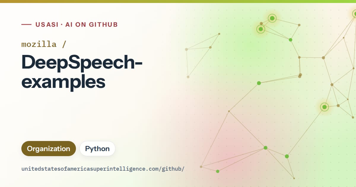 Generated orange constellation network artwork for mozilla/DeepSpeech-examples, labeled USASI · AI on GitHub, with Organization · Python.