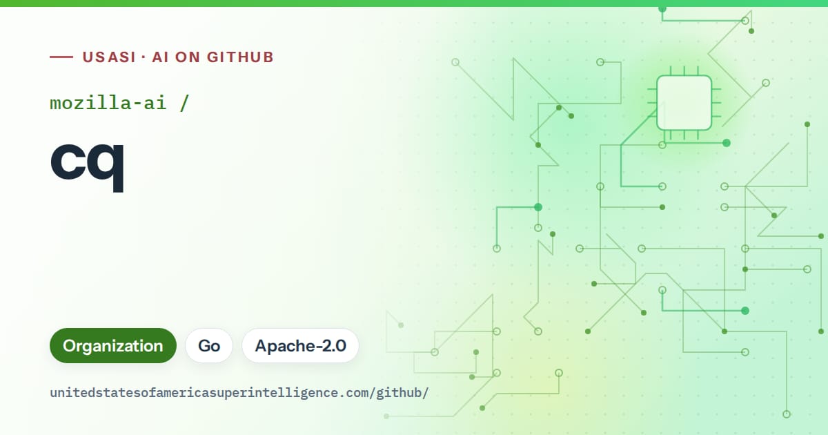 Generated green circuit-trace artwork for mozilla-ai/cq, labeled USASI · AI on GitHub, with Organization · Go · Apache-2.0.