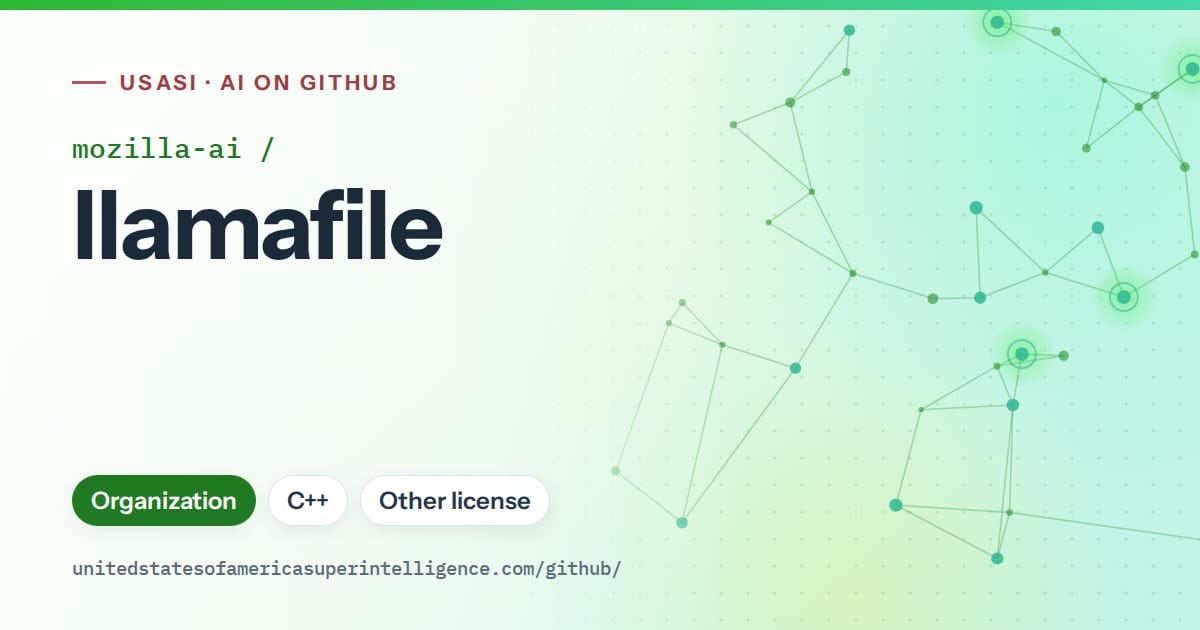 Generated green constellation network artwork for mozilla-ai/llamafile, labeled USASI · AI on GitHub, with Organization · C++ · Other license.