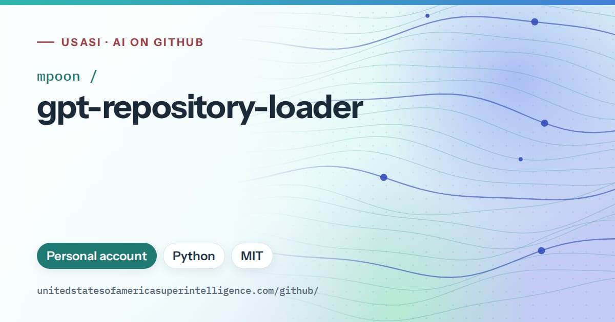 Generated teal flowing-wave artwork for mpoon/gpt-repository-loader, labeled USASI · AI on GitHub, with Personal account · Python · MIT.