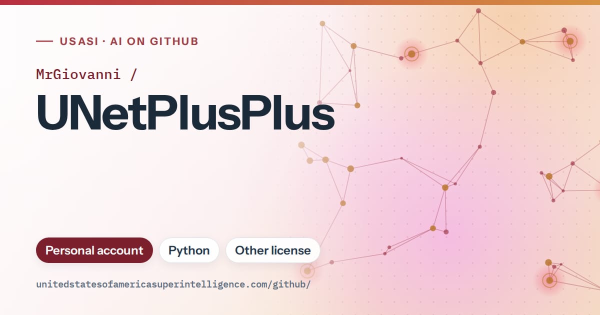 Generated red constellation network artwork for MrGiovanni/UNetPlusPlus, labeled USASI · AI on GitHub, with Personal account · Python · Other license.