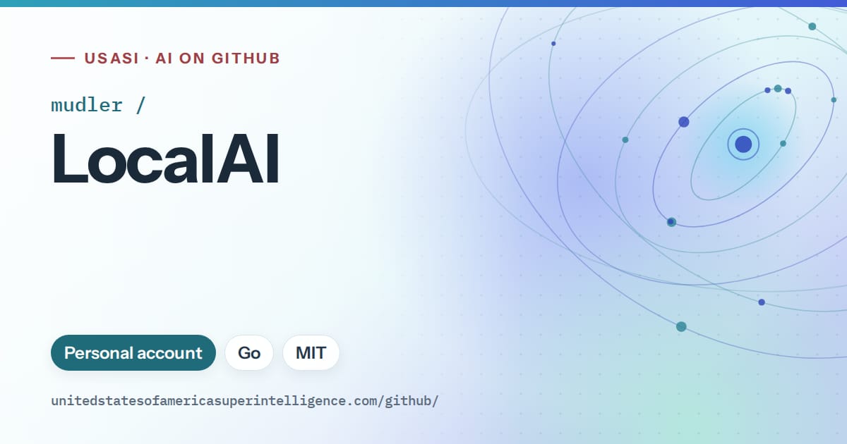Generated sky blue orbit artwork for mudler/LocalAI, labeled USASI · AI on GitHub, with Personal account · Go · MIT.