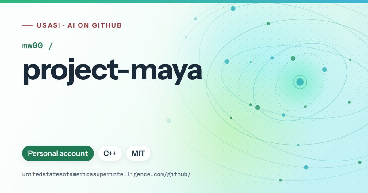 Generated teal orbit artwork for mw00/project-maya, labeled USASI · AI on GitHub, with Personal account · C++ · MIT.