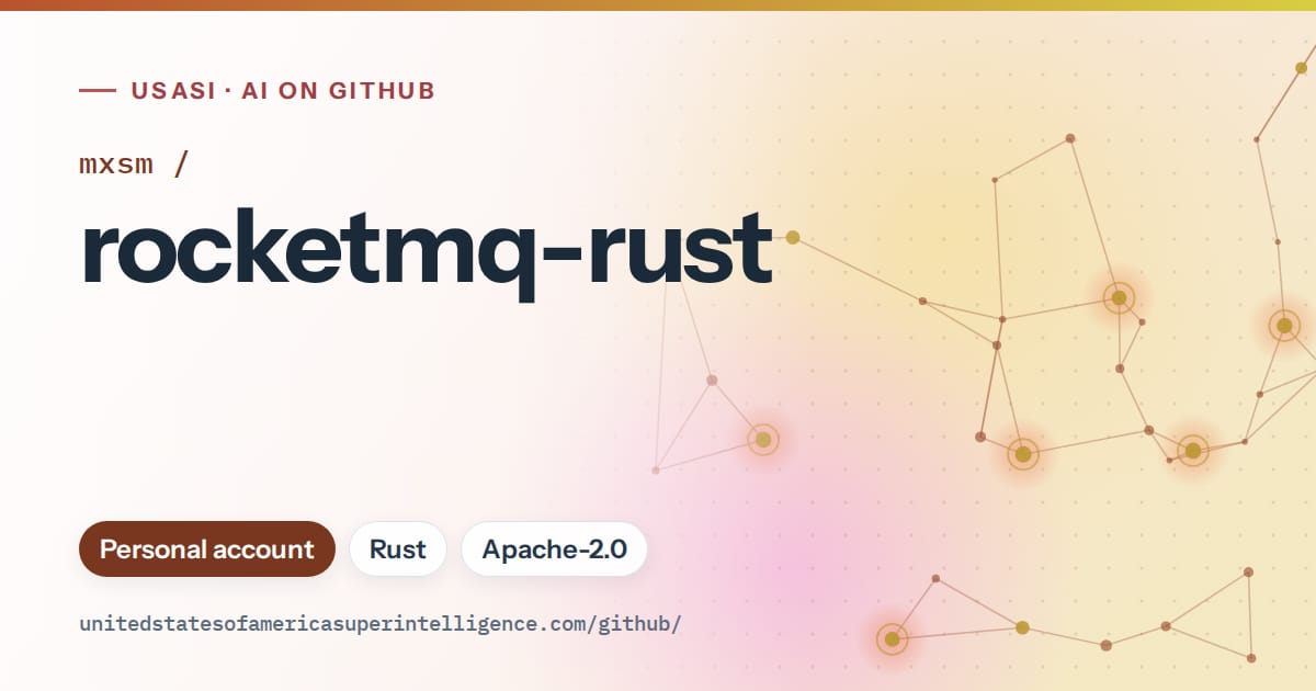 Generated orange constellation network artwork for mxsm/rocketmq-rust, labeled USASI · AI on GitHub, with Personal account · Rust · Apache-2.0.