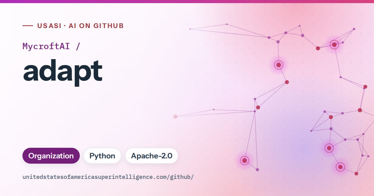 Generated purple constellation network artwork for MycroftAI/adapt, labeled USASI · AI on GitHub, with Organization · Python · Apache-2.0.
