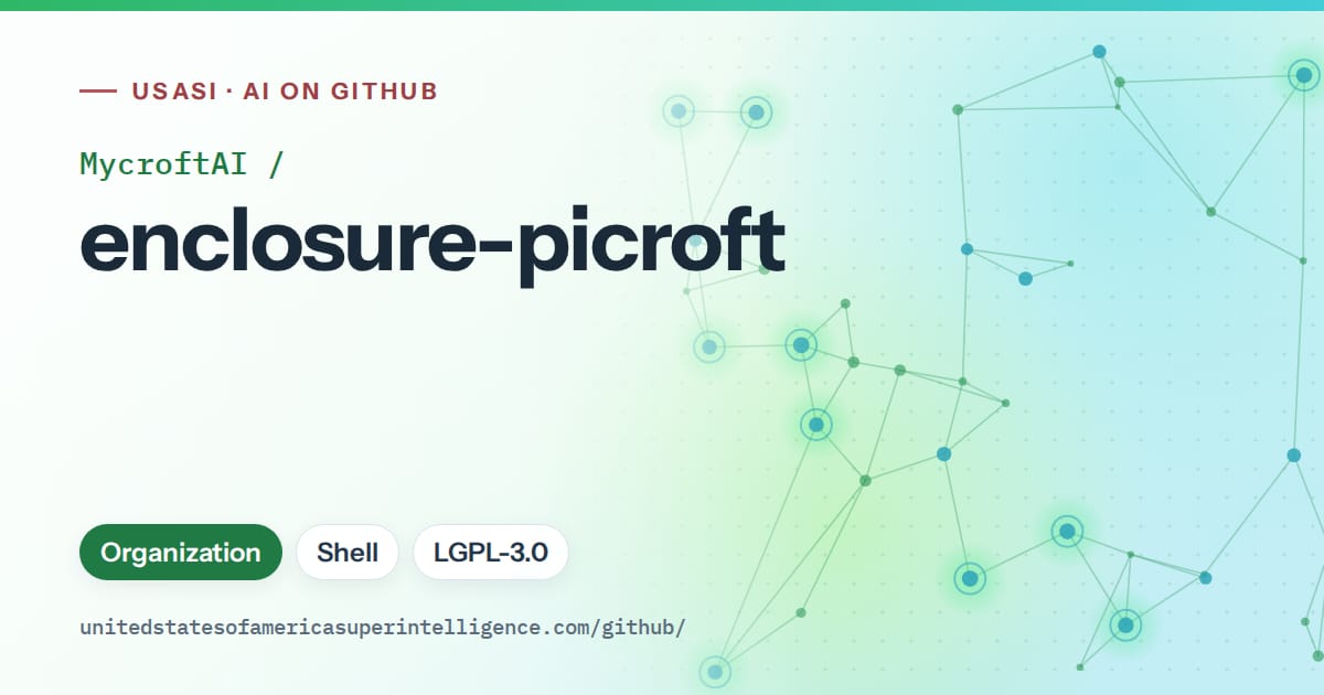 Generated green constellation network artwork for MycroftAI/enclosure-picroft, labeled USASI · AI on GitHub, with Organization · Shell · LGPL-3.0.