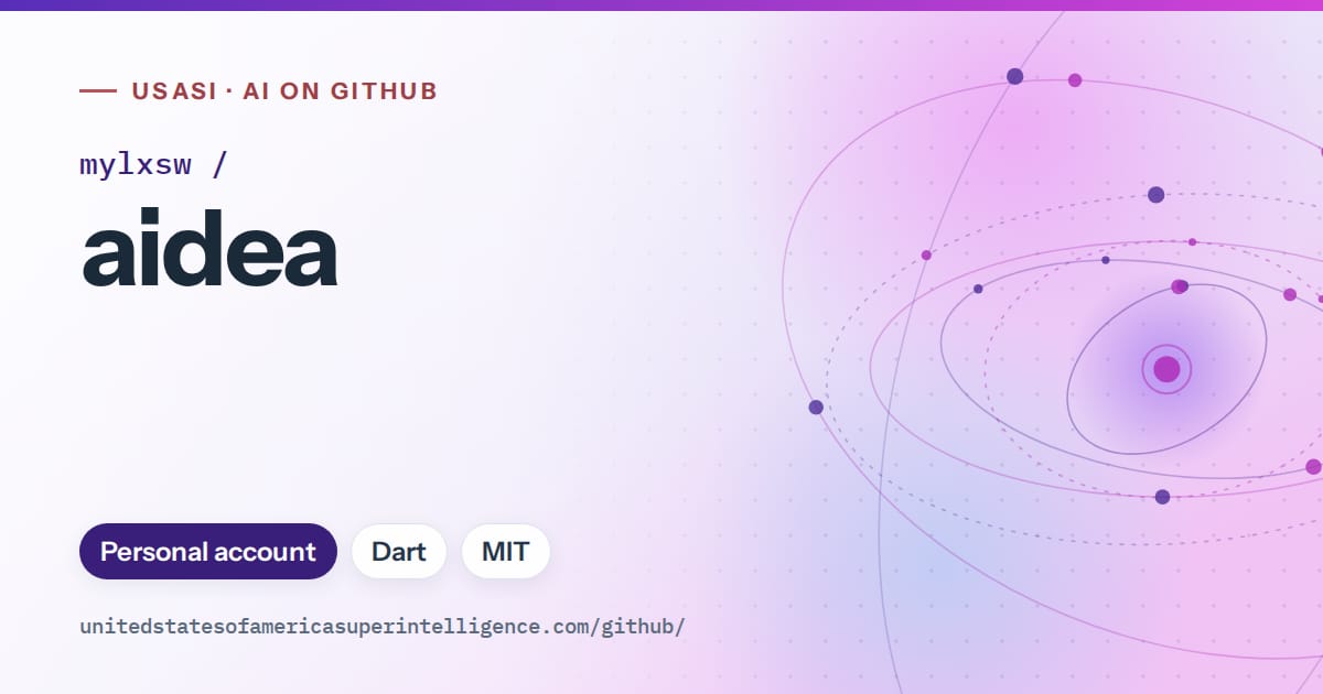 Generated violet orbit artwork for mylxsw/aidea, labeled USASI · AI on GitHub, with Personal account · Dart · MIT.