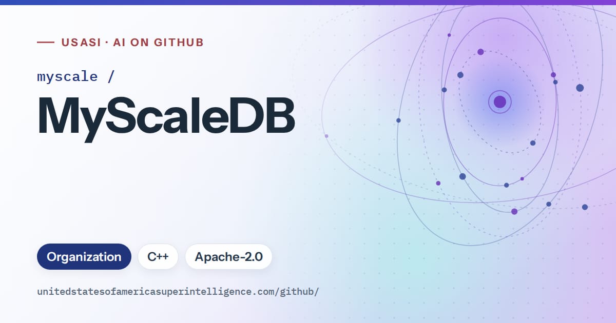 Generated blue orbit artwork for myscale/MyScaleDB, labeled USASI · AI on GitHub, with Organization · C++ · Apache-2.0.