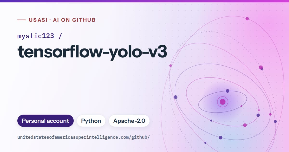 Generated violet orbit artwork for mystic123/tensorflow-yolo-v3, labeled USASI · AI on GitHub, with Personal account · Python · Apache-2.0.