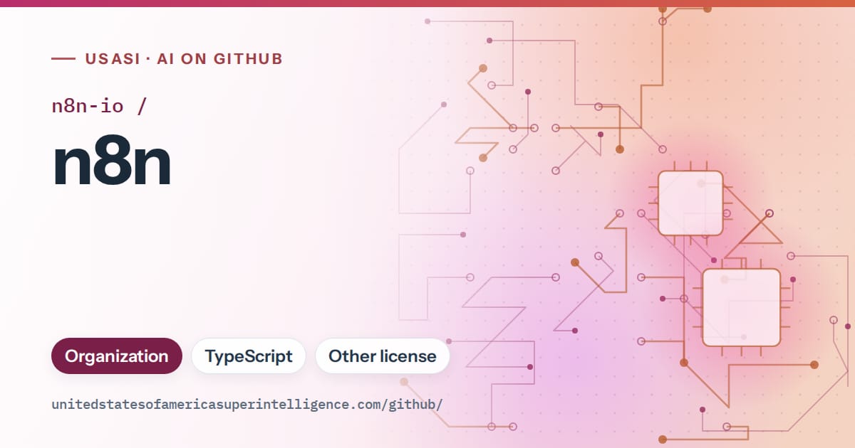 Generated pink circuit-trace artwork for n8n-io/n8n, labeled USASI · AI on GitHub, with Organization · TypeScript · Other license.