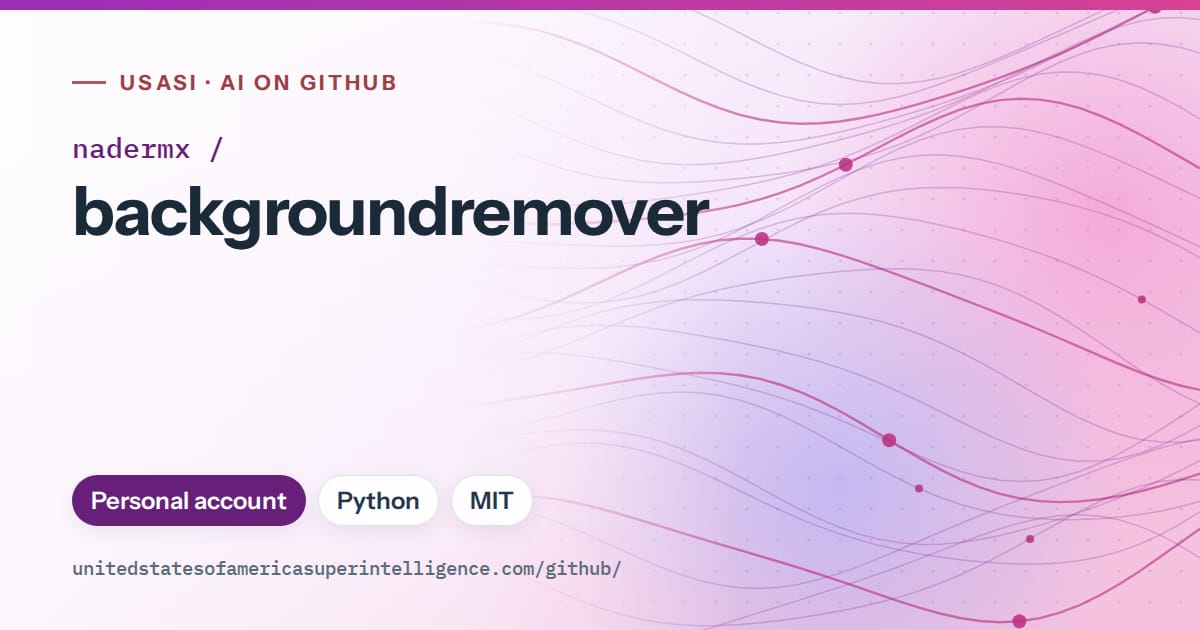 Generated purple flowing-wave artwork for nadermx/backgroundremover, labeled USASI · AI on GitHub, with Personal account · Python · MIT.