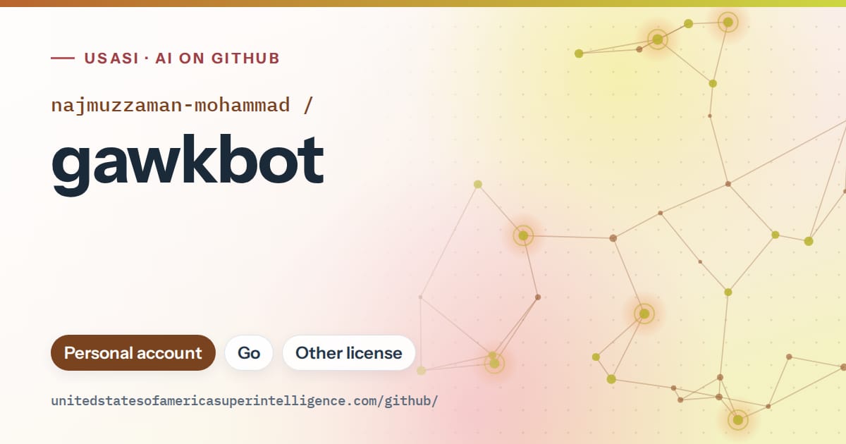 Generated orange constellation network artwork for najmuzzaman-mohammad/gawkbot, labeled USASI · AI on GitHub, with Personal account · Go · Other license.
