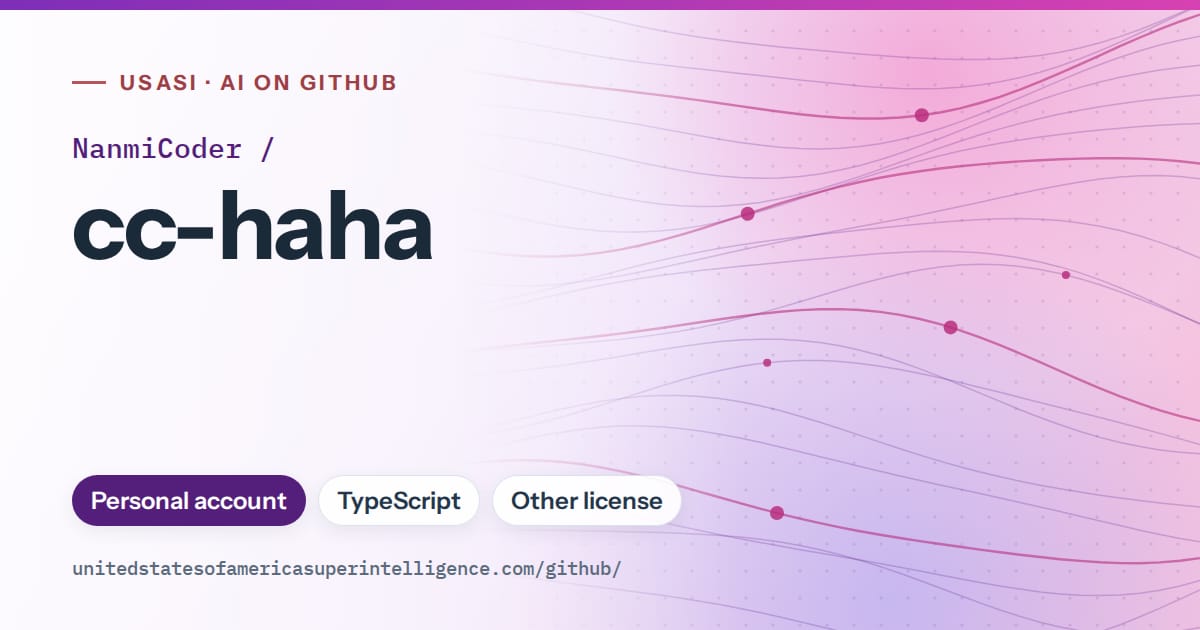 Generated violet flowing-wave artwork for NanmiCoder/cc-haha, labeled USASI · AI on GitHub, with Personal account · TypeScript · Other license.