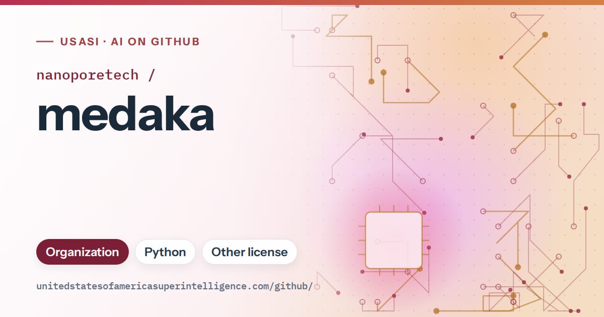 Generated red circuit-trace artwork for nanoporetech/medaka, labeled USASI · AI on GitHub, with Organization · Python · Other license.
