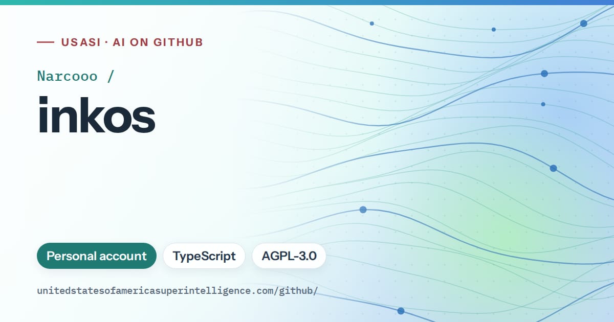 Generated teal flowing-wave artwork for Narcooo/inkos, labeled USASI · AI on GitHub, with Personal account · TypeScript · AGPL-3.0.