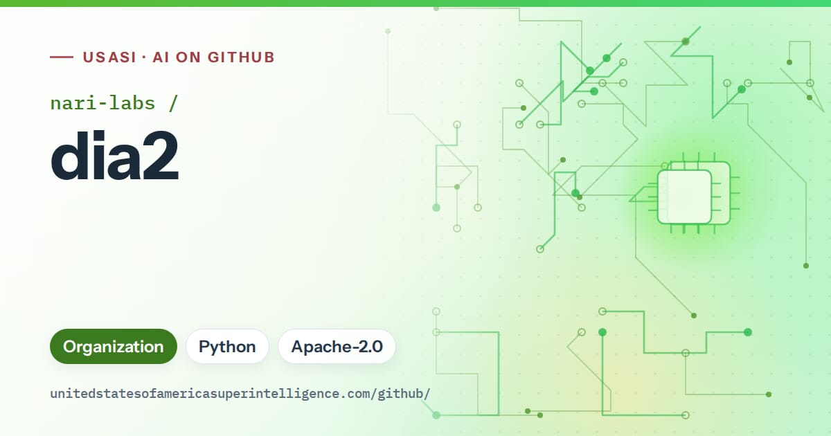 Generated green circuit-trace artwork for nari-labs/dia2, labeled USASI · AI on GitHub, with Organization · Python · Apache-2.0.