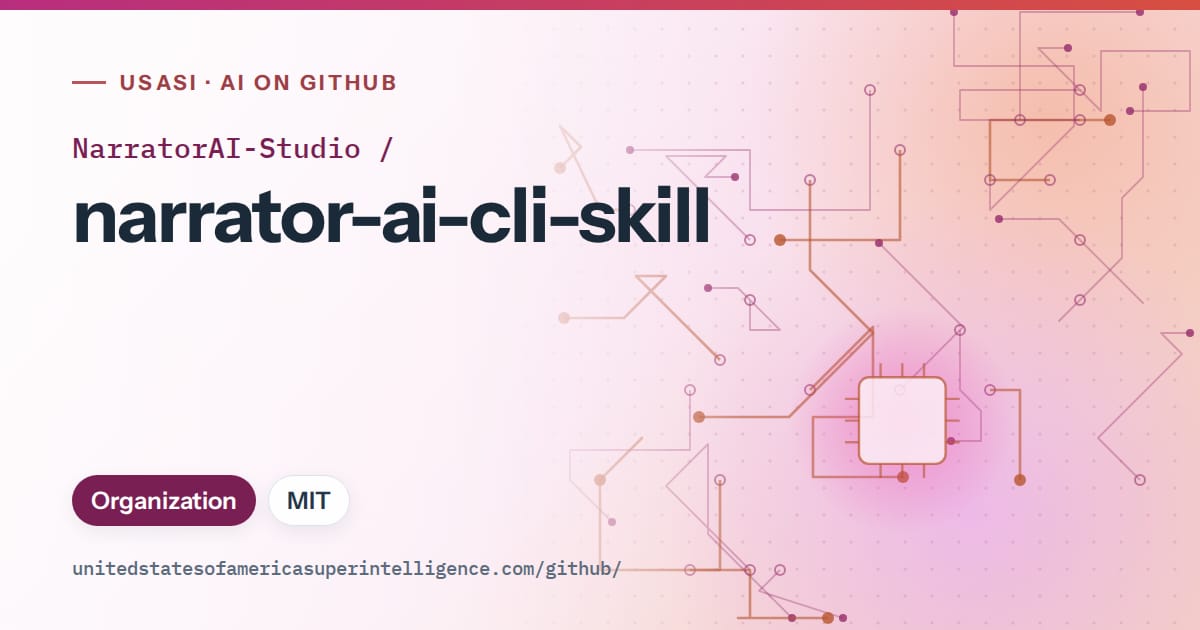 Generated pink circuit-trace artwork for NarratorAI-Studio/narrator-ai-cli-skill, labeled USASI · AI on GitHub, with Organization · MIT.
