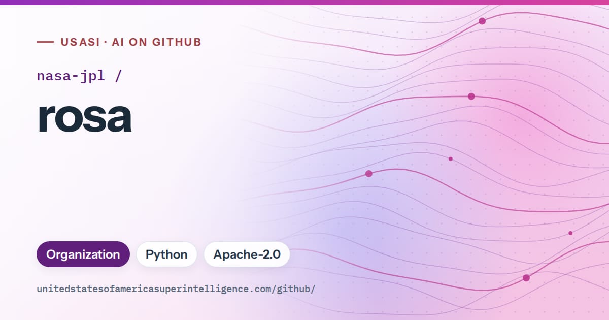 Generated violet flowing-wave artwork for nasa-jpl/rosa, labeled USASI · AI on GitHub, with Organization · Python · Apache-2.0.