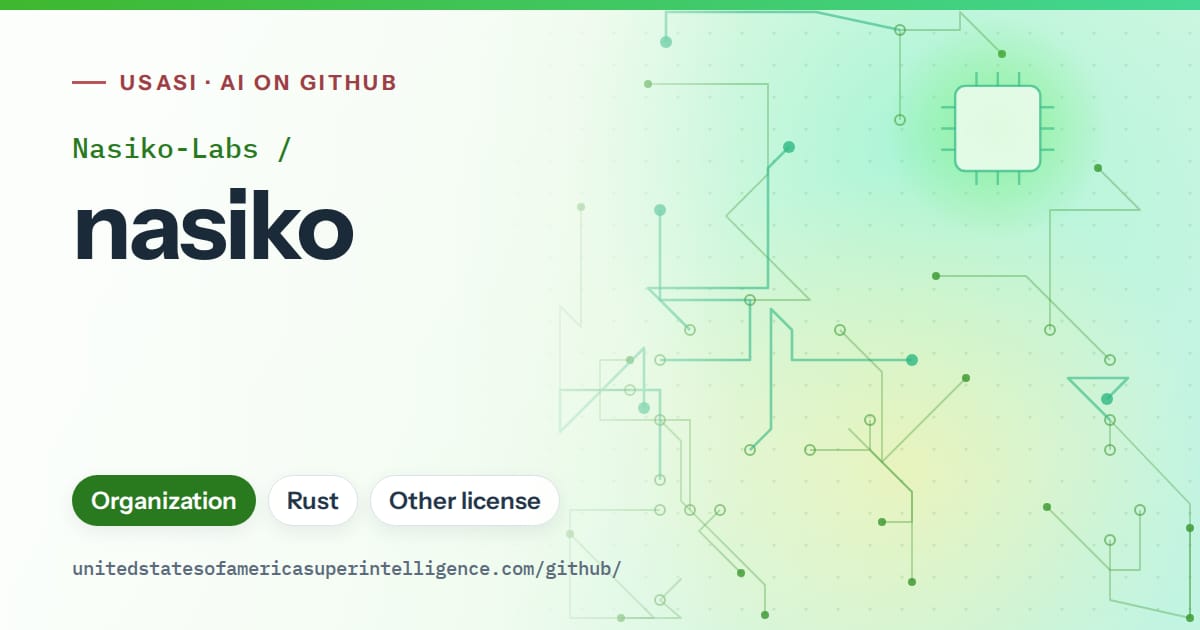 Generated green circuit-trace artwork for Nasiko-Labs/nasiko, labeled USASI · AI on GitHub, with Organization · Rust · Other license.