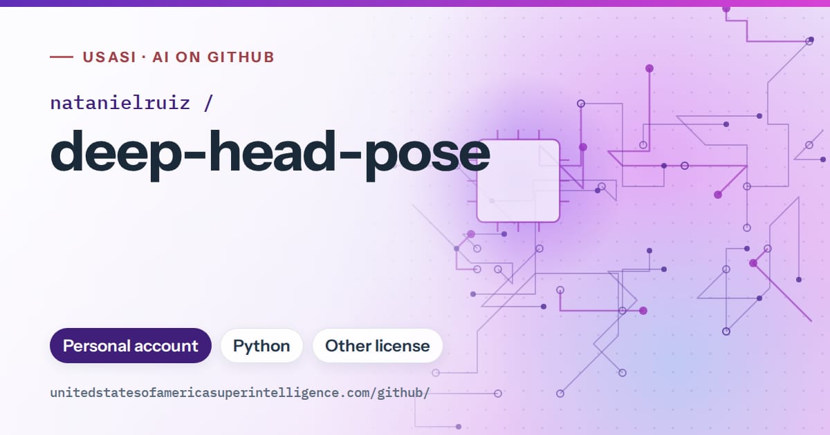 Generated violet circuit-trace artwork for natanielruiz/deep-head-pose, labeled USASI · AI on GitHub, with Personal account · Python · Other license.