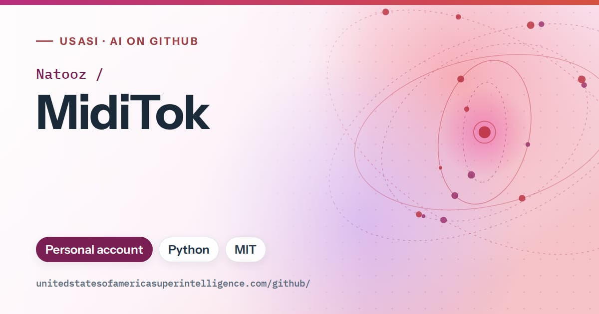 Generated pink orbit artwork for Natooz/MidiTok, labeled USASI · AI on GitHub, with Personal account · Python · MIT.