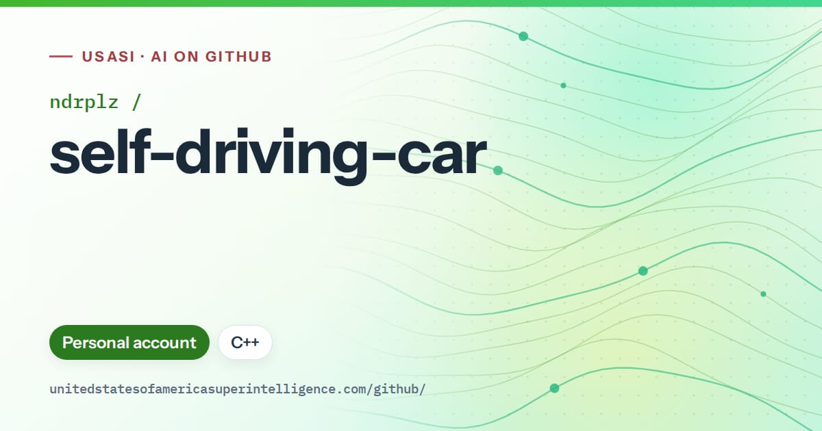 Generated green flowing-wave artwork for ndrplz/self-driving-car, labeled USASI · AI on GitHub, with Personal account · C++.