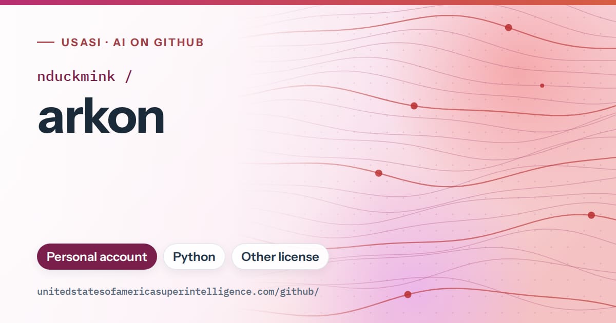 Generated pink flowing-wave artwork for nduckmink/arkon, labeled USASI · AI on GitHub, with Personal account · Python · Other license.