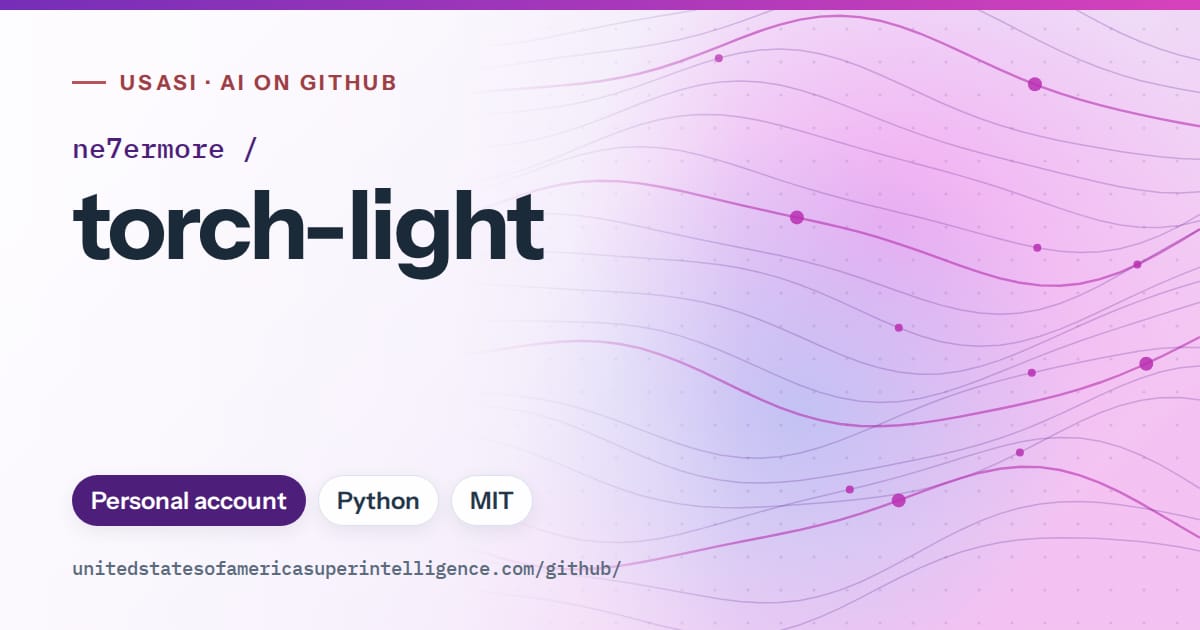 Generated violet flowing-wave artwork for ne7ermore/torch-light, labeled USASI · AI on GitHub, with Personal account · Python · MIT.