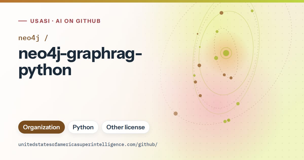 Generated orange orbit artwork for neo4j/neo4j-graphrag-python, labeled USASI · AI on GitHub, with Organization · Python · Other license.