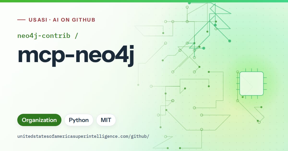 Generated green circuit-trace artwork for neo4j-contrib/mcp-neo4j, labeled USASI · AI on GitHub, with Organization · Python · MIT.