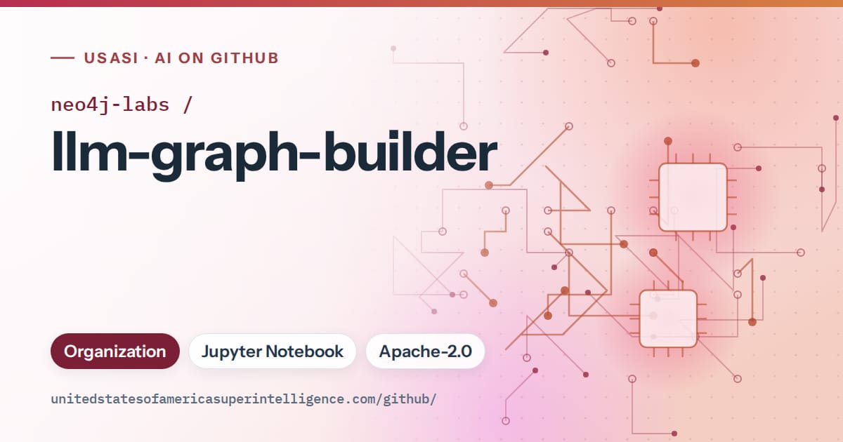 Generated red circuit-trace artwork for neo4j-labs/llm-graph-builder, labeled USASI · AI on GitHub, with Organization · Jupyter Notebook · Apache-2.0.