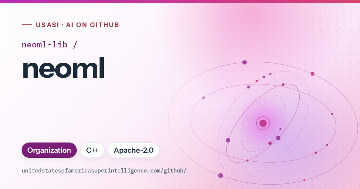 Generated purple orbit artwork for neoml-lib/neoml, labeled USASI · AI on GitHub, with Organization · C++ · Apache-2.0.