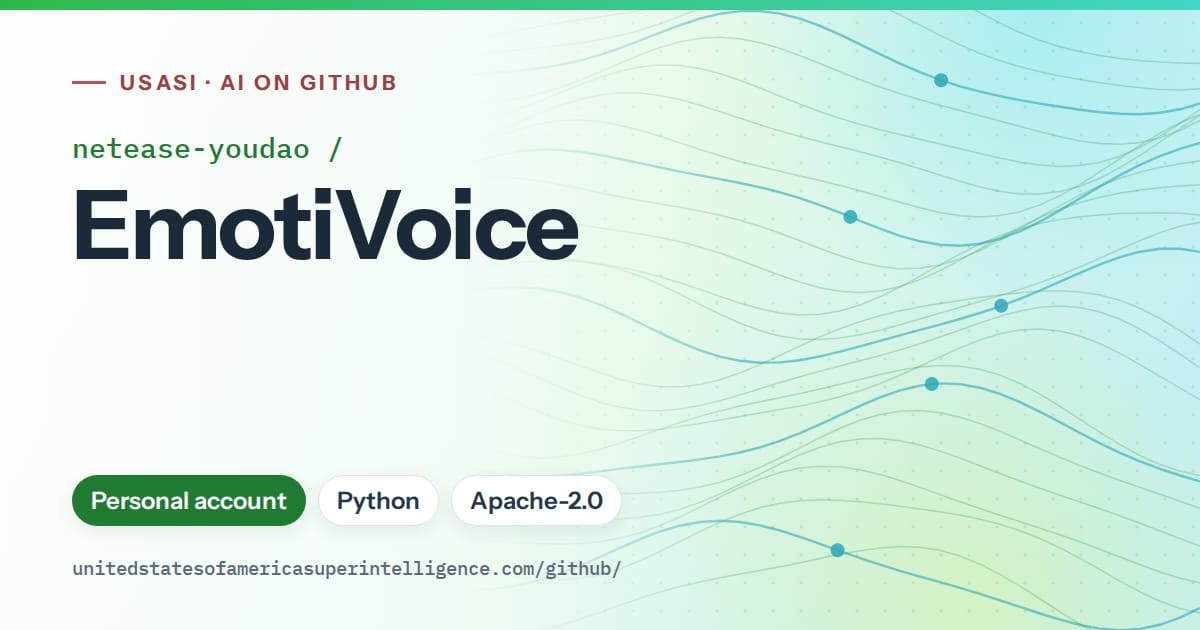 Generated green flowing-wave artwork for netease-youdao/EmotiVoice, labeled USASI · AI on GitHub, with Personal account · Python · Apache-2.0.
