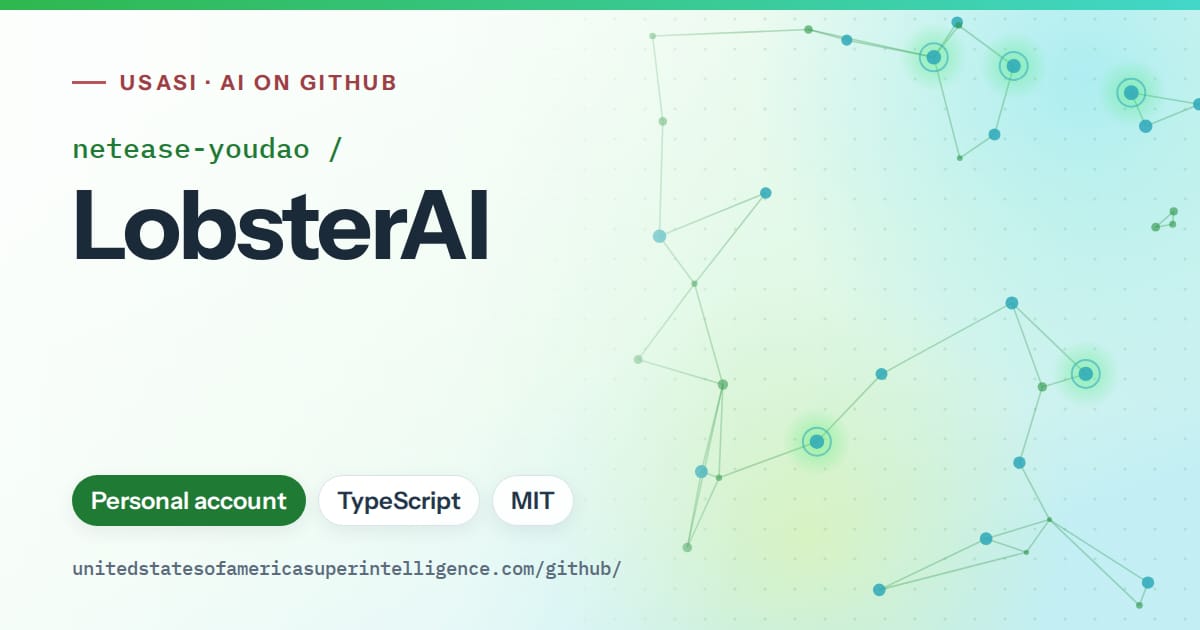 Generated green constellation network artwork for netease-youdao/LobsterAI, labeled USASI · AI on GitHub, with Personal account · TypeScript · MIT.