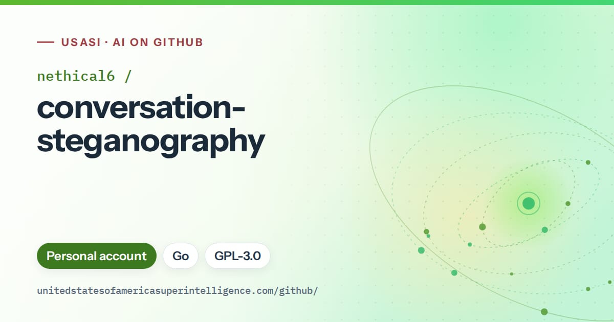 Generated green orbit artwork for nethical6/conversation-steganography, labeled USASI · AI on GitHub, with Personal account · Go · GPL-3.0.