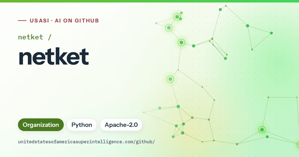 Generated green constellation network artwork for netket/netket, labeled USASI · AI on GitHub, with Organization · Python · Apache-2.0.